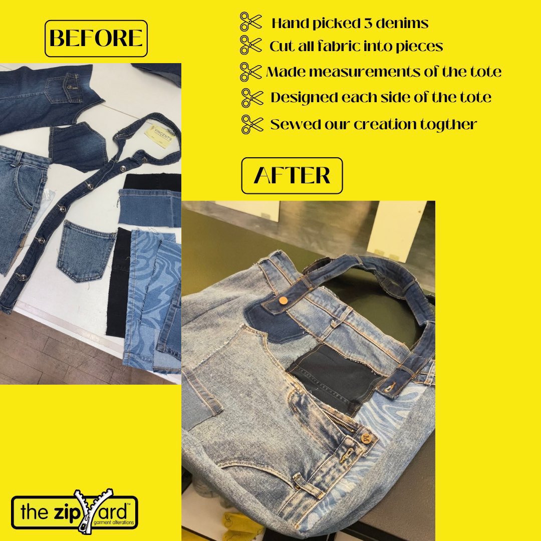 💫 Sunday Makeover 💫

✂️ Handpicked three denims 

✂️ Cut all fabric into pieces 

✂️ Made measurements of the tote 

✂️ Designed each side of the tote 

✂️ Sewed our creation together  

#denimbag #totebag #upstyle #restyle #alterations #thezipyard
