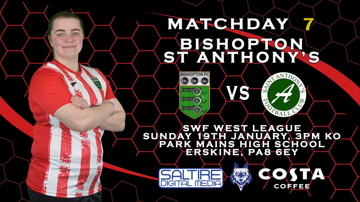 This Sunday after an almost 2 month gap, we are at home in the SWF West League.

Bishopton Ladies vs Saint Anthony's @ Park Mains HS, Erskine with a 3pm KO.

#monthebishy #costacoffeegreenock #redfoxinnbishopton #saltiredigitalmedia