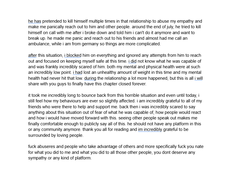 _saahara's tweet photo. TW // (grooming), suicide, abuse, depression 

my experience with nate theinnerdomain 

please take ur time to read both my and natalies document especially, she is incredibly strong for speaking out and has inspired me to finally share my story with him too. https://t.co/ZfSXlF8MuW