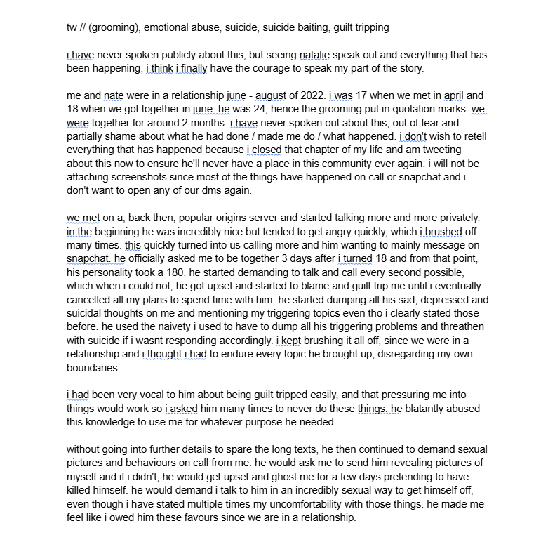 _saahara's tweet photo. TW // (grooming), suicide, abuse, depression 

my experience with nate theinnerdomain 

please take ur time to read both my and natalies document especially, she is incredibly strong for speaking out and has inspired me to finally share my story with him too. https://t.co/ZfSXlF8MuW