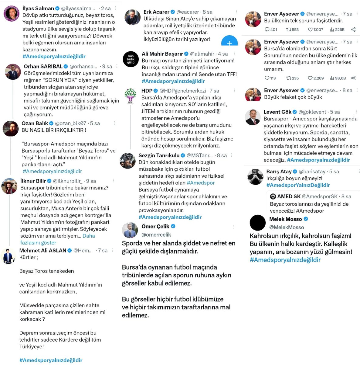 Bursaspor taraftarını 'ırkçılık' ile suçlayan siyasetçiler ve gazeteciler, Amedsporlu taraftarların Ankaragüçlü oyunculara yönelik saldırıları hakkında hiçbir paylaşım yapmadı.