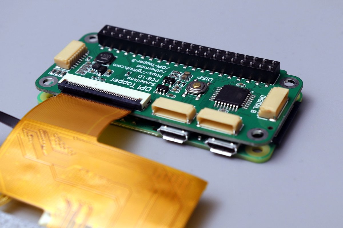 othermod's tweet photo. The new Raspberry Pi DPI Topper board is working well. The (hopefully) production version is here and passing all tests. 

This new board has: 
24-bit video using the same 40pin display connector pinout as the old topper boards
Adjustable brightness (8 levels) using the onboard button, an external button, or I2C
I2C routed to the display connector, enabling capacitive touch
I2C also routed to a JST connector, enabling other I2C devices to be used
4 analog inputs (configured as 2 joysticks in the driver)
16 digital inputs (configured as 16 buttons in the driver)
Removable resistors that allow for the use of 3 GPIOs (display depth reduced to 21-bit)
Onboard buffering and filtering for mono audio (only works in 21-bit display mode, and does not yet work on Pi 5)

I'll probably also make a slim version without all the bells and whistles once this one is done.

I'm beginning to add code to GitHub. PCB files and instructions are coming soon. I'll sell these on my site once I'm confident in them.