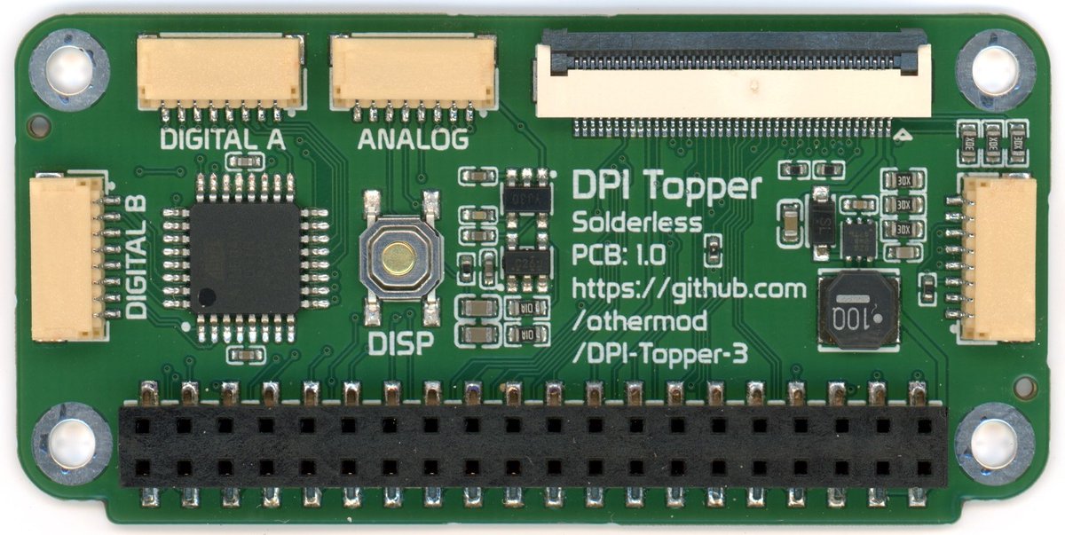 othermod's tweet photo. The new Raspberry Pi DPI Topper board is working well. The (hopefully) production version is here and passing all tests. 

This new board has: 
24-bit video using the same 40pin display connector pinout as the old topper boards
Adjustable brightness (8 levels) using the onboard button, an external button, or I2C
I2C routed to the display connector, enabling capacitive touch
I2C also routed to a JST connector, enabling other I2C devices to be used
4 analog inputs (configured as 2 joysticks in the driver)
16 digital inputs (configured as 16 buttons in the driver)
Removable resistors that allow for the use of 3 GPIOs (display depth reduced to 21-bit)
Onboard buffering and filtering for mono audio (only works in 21-bit display mode, and does not yet work on Pi 5)

I'll probably also make a slim version without all the bells and whistles once this one is done.

I'm beginning to add code to GitHub. PCB files and instructions are coming soon. I'll sell these on my site once I'm confident in them.