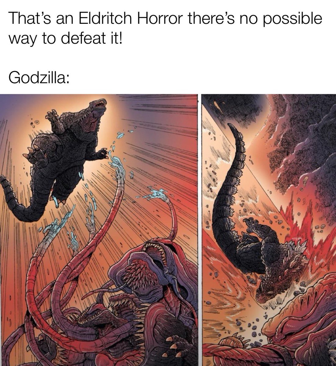 Godzilla body slamming an eldritch horror will never not be funny., image size:1102x1200