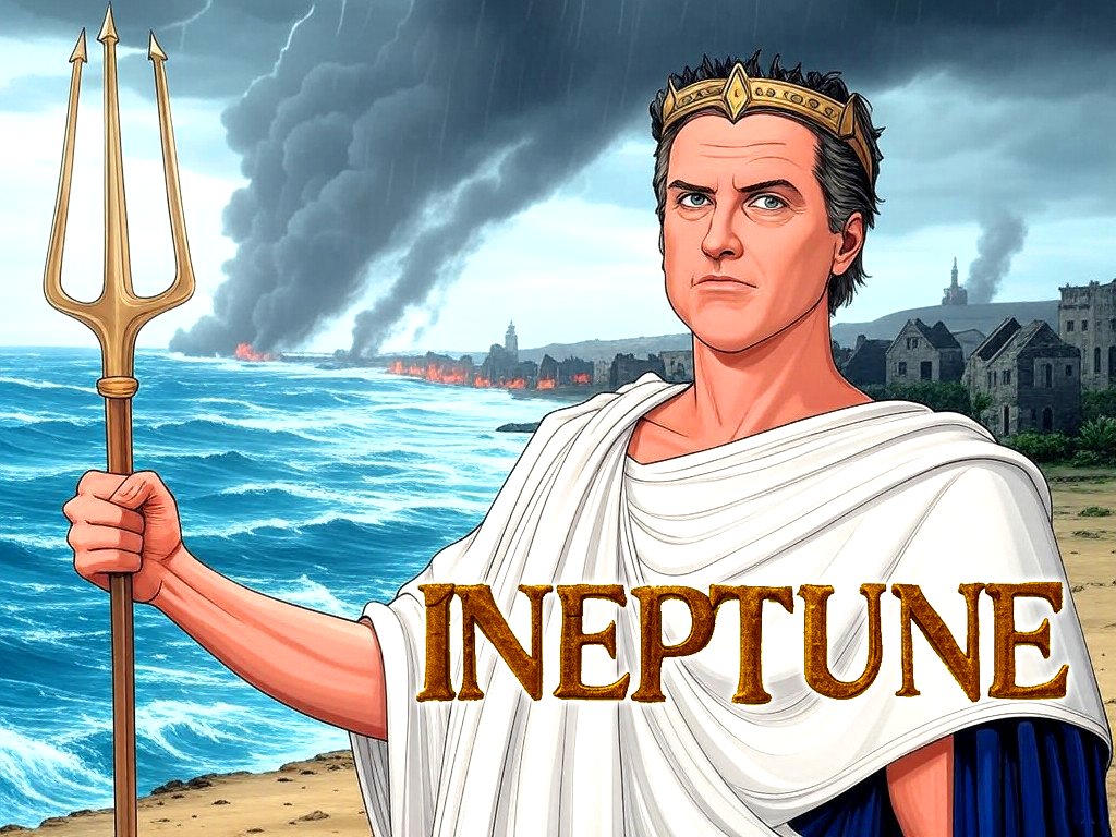 Neptune is the ancient god of water. His nemesis is Ineptune, also known as California Governor Gavin Newsom. Ineptune's staggering incompetence led to a severe lack of water during the January 2025 wildfires which destroyed thousands of homes where his own voters lived.