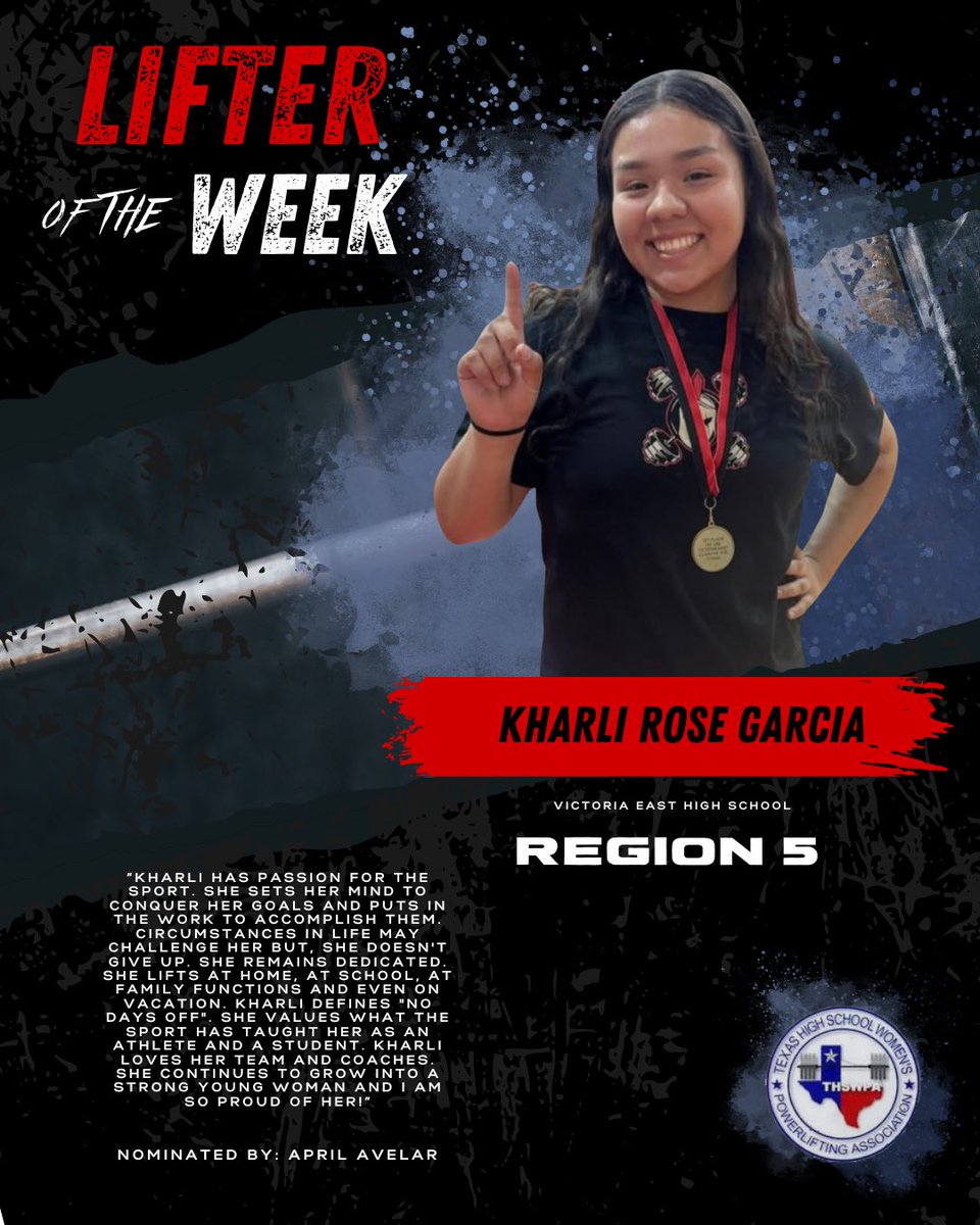 thswpa's tweet photo. We are excited to get started this year in our spotlights for lifters of the week. 
Congratulations Kharli Rose Garcia

#THSWPA #LiftersOfTheWeek #GirlsWhoLift #TexasLifters #TexasPowerlifting #Strength #Powerlifting #LiftHeavy #Leadership #Competitor #CommitmentToExcellence https://t.co/wjoevUOAkY