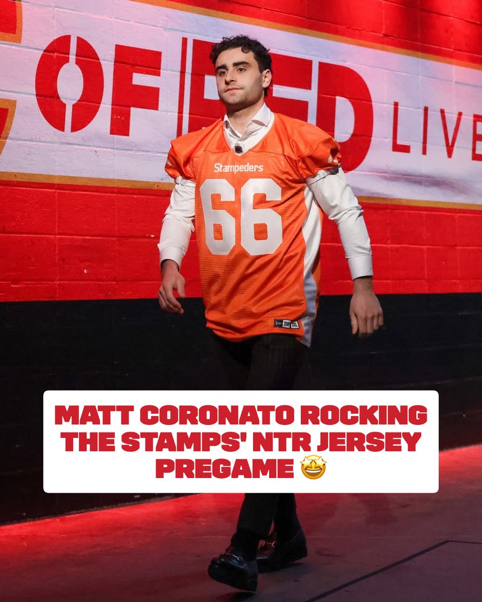 CFL's tweet image. Flames' Matt Coronato sported the @calstampeders' National Day for Truth and Reconciliation jersey ahead of last night's game. 🧡

📸: @NHLFlames