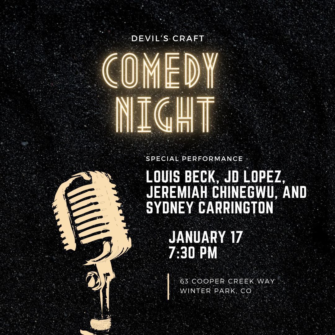 StayWinterPrkCO's tweet photo. This Friday night, stop by Devil's Craft for a comedy night starring Louis Beck. There will also be appearances by JD Lopez, Jeremiah Chinegwu, and Sydney Carrington. You won't want to miss this.

#colorado
#winterpark 
#familyvacation
#mountains
#scenicviews
#vacationrental https://t.co/QCwPh4EdtM
