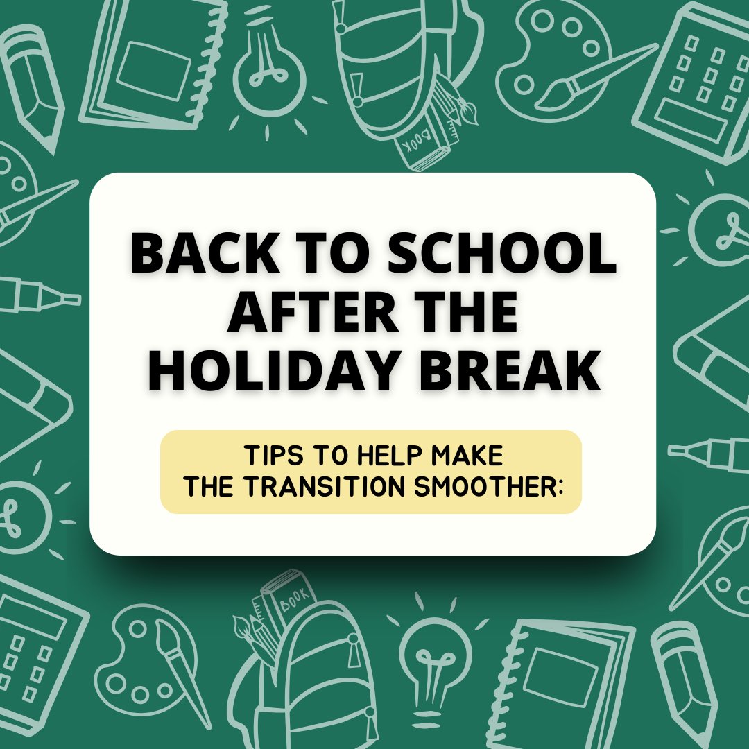 IrbyPsych's tweet image. 🎒📖 Back to School After the Holiday Break 📖🎒
Heading back to school after a fun holiday break (or those unexpected snow days! 😉) can be tough for kids—and parents too! 
Here are some tips to help make the transition smoother:

#IrbyPsych #BackToSchool #SchoolTransition