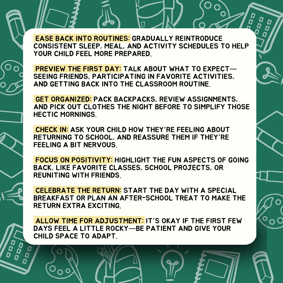 IrbyPsych's tweet image. 🎒📖 Back to School After the Holiday Break 📖🎒
Heading back to school after a fun holiday break (or those unexpected snow days! 😉) can be tough for kids—and parents too! 
Here are some tips to help make the transition smoother:

#IrbyPsych #BackToSchool #SchoolTransition