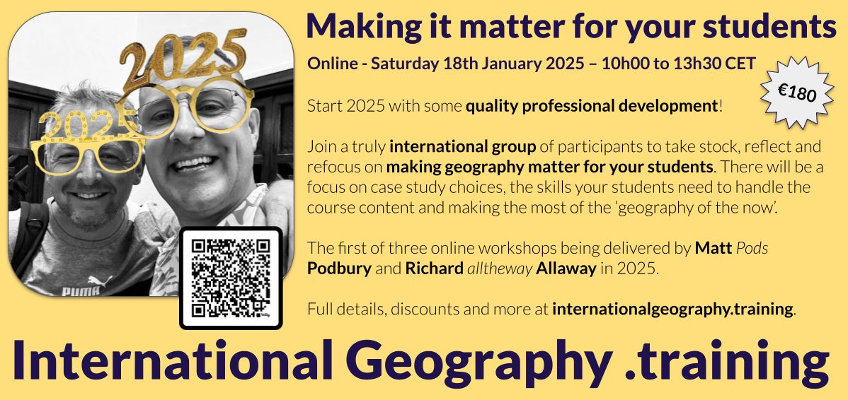 Why don't you start 2025 with some quality PD.
Rich Allaway &amp; I are excited to deliver our 1st workshop on 18/01. Join us &amp; participants from around the🌎for a focused session on making geography meaningful for your students. #geographyteacher internationalgeography.training