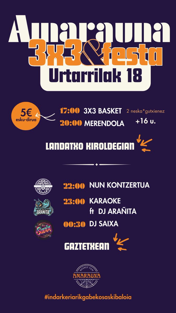 Iepeee iepeee!! Urtarrilaren 18an planazoa daukazu! Animatu zaitez zure lagunekin 3x3ra eta gero arratsalde gauean kontzertuetara gerturatu zaitez Gaztetxera! 

Laster apuntatzeko argibideak izango dituzu

⛹🏽‍♀️⛹🏽‍♀️⛹🏽‍♀️⛹🏽‍♀️⛹🏽‍♀️⛹🏽‍♀️

#IndarkeriarikGabekoSaskibaloia
