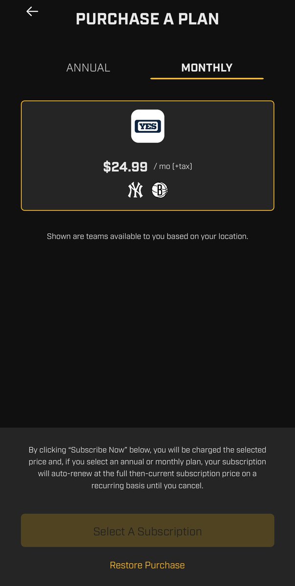 thebergmamba's tweet photo. @gothamsports your app only gives the option to subscribe to YES. I entered my zip code on the website and it confirmed I should be able to access Yankees, Nets, Knicks, &amp; Rangers. Why is MSG not showing up as an option? https://t.co/iCano4fDqO
