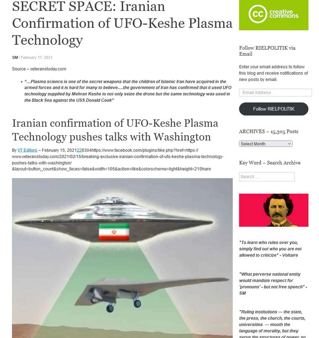 DailyD1ss1dent's tweet photo. February 17, 2021
SECRET SPACE: Iranian Confirmation of #UFO-Keshe #Plasma Technology | Veterens Today
#News #IranNews #OldNews #UFOs #PlasmaTech #UAPs #Drones #MehranKeshe #Space #Technology https://t.co/vMJjAPoNvi