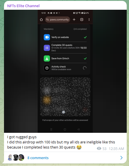 rewatirewari's tweet photo. @PawsFounder 
With the strict criteria paws disqualified a lot of users not all though!
This guy did paws with 100 tg accounts and in the end stuck because of the quests criteria (NICE MOVE BY PAWS)
if they increase the criteria more than 30 they will definitely reduce more bots https://t.co/4dbXNDYRo9