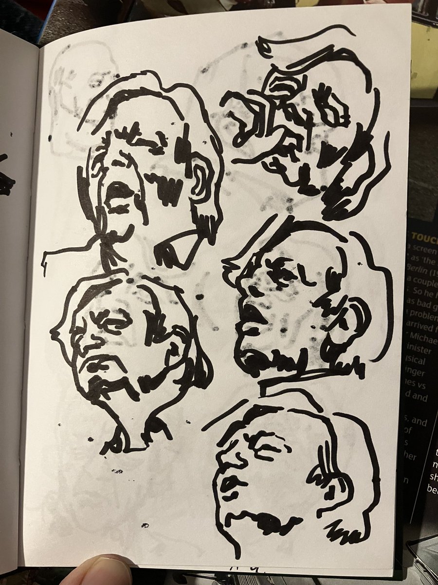 Some sketchbook portraits of Mark E Smith from 2008, in preparation for one of the Paintwork exhibitions I think. Based on gig photos (not mine). 
#thefall #markesmith