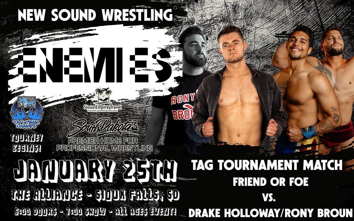 Rony Broun enters the tag team tournament with a returning Drake Holloway to take on Friend Or Foe, Jack Ledger &amp; Bobby Brennan in this opening-round tag match!

Also, remember to buy your tickets for New Sound Wrestling | ENEMIES using the link below!

ticketleap.events/tickets/newsou…