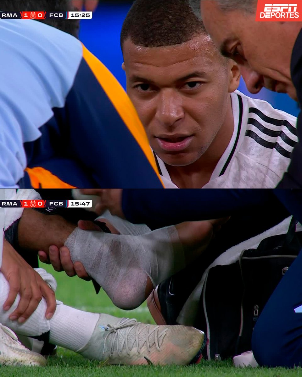 ESPNDeportes's tweet photo. Segunda vez que Mbappé está en el césped y recibe un vendaje para poder seguir en la final de la Supercopa. 😱 https://t.co/O3xCGu8pNp