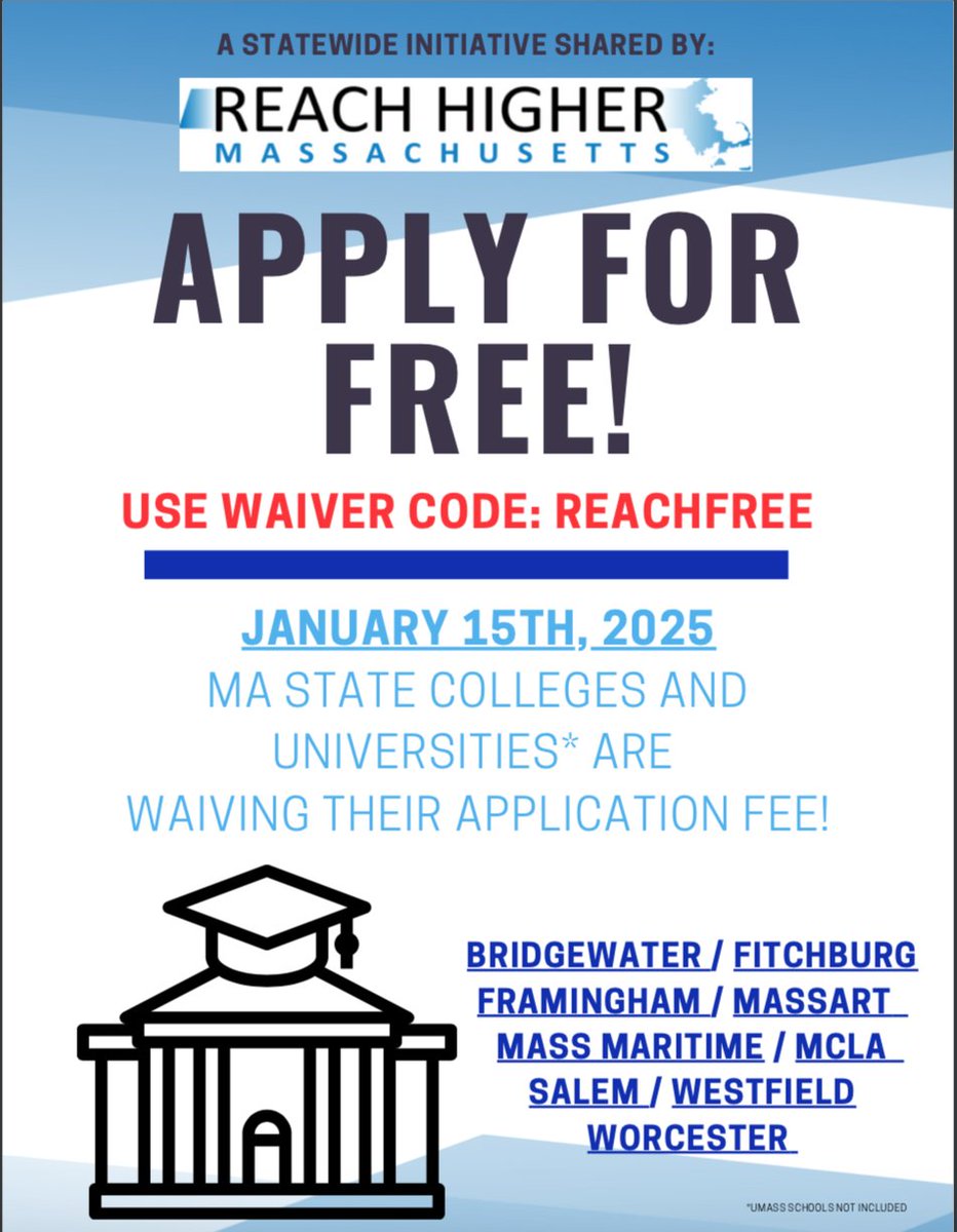🤩Take advantage of this amazing opportunity and apply for free to participating MA State Colleges and Universities!

🎓Use Wavier Code: REACHFREE