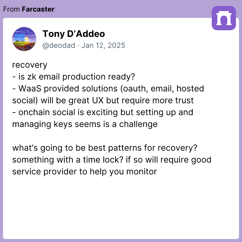 Cross posting my 7702 answers from Warpcast to here because Tony from the Farcaster team asks good questions!

- not necessarily, you can forget the key and just replay the auth sig across chains, delegate to proxy and use the contract to handle upgrades. alternatively can store