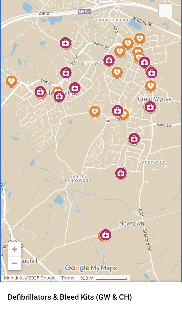 GWCHCommunity's tweet photo. ℹ️ We are incredibly lucky to have in our village 13 bleed kits (of which 9 are ours) and 21 defibrillators in total.

Map can be found at the bottom of our linktree page:

https://t.co/GeipRWu9Wz

@TheDanielBaird1 @AddissKelly #GreatWyrley #CheslynHay #Landywood https://t.co/3pJzIgc6Am