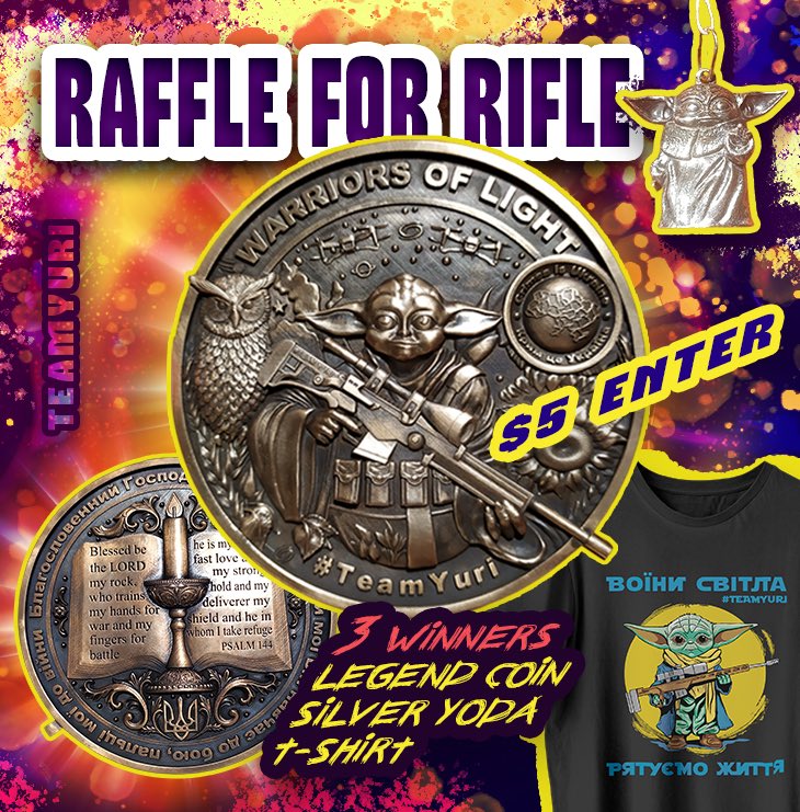 MapleSyrupF's tweet photo. 💥Become a TeamYuri Legend💥

🥇TeamYuri Legend Coin &amp; right to name rifle
🥈Silver Yoda
🥉TeamYuri black T-shirt 

$5🎟️  
⏰January 19 
✨AND legend St Stephan will match ALL donations to $13,000  to get a second .375 Cadex rifle 

💳https://t.co/c4s6BiTIG0 https://t.co/bIiS5UobeB