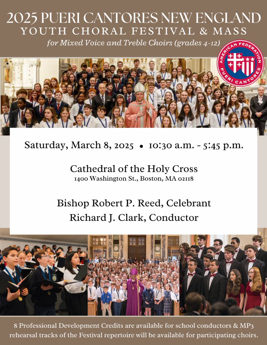 Richard J. Clark (@richardjaclark) on Twitter photo 2025 PUERI NEW ENGLAND New England YOUTH CHORAL FESTIVAL & MASS 🙏🎶 <a href="/BostonCathedral/">Cathedral of the Holy Cross</a>
⬇️For registration click here ⬇️
pcchoirs.org/sites/default/…
Mass will be celebrated by <a href="/BpRobertReed/">Bishop Robert Reed 𓀦</a>
<a href="/bostoncatholic/">Archdio. of Boston</a>
<a href="/CSOboston/">Catholic Schools Office Archdiocese of Boston</a> 2025 PUERI NEW ENGLAND New England YOUTH CHORAL FESTIVAL & MASS 🙏🎶 <a href="/BostonCathedral/">Cathedral of the Holy Cross</a>
⬇️For registration click here ⬇️
pcchoirs.org/sites/default/…
Mass will be celebrated by <a href="/BpRobertReed/">Bishop Robert Reed 𓀦</a>
<a href="/bostoncatholic/">Archdio. of Boston</a>
<a href="/CSOboston/">Catholic Schools Office Archdiocese of Boston</a>