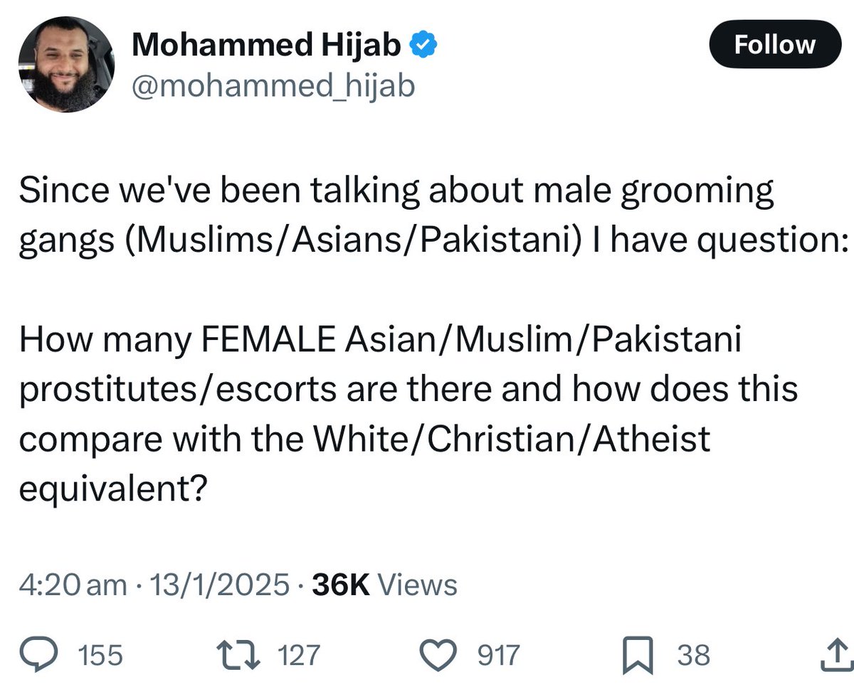 DrewPavlou's tweet photo. Unbelievably foul and sick post. 

Mohammed Hijab is trying to excuse the mass rape of white British children by insinuating that white British girls and women are sluts. https://t.co/gRFQMnOBcn