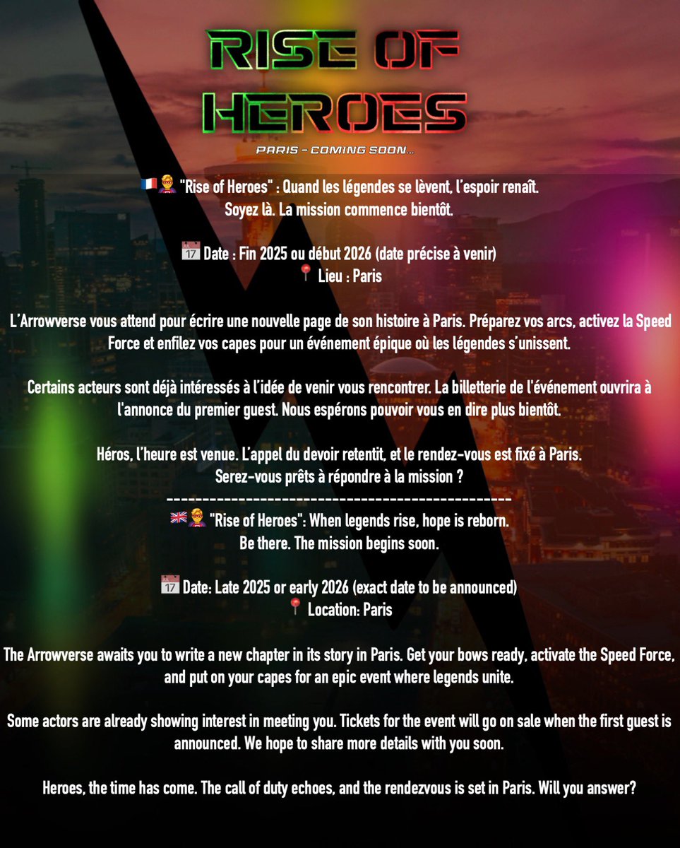 CloudsCon's tweet image. Nous sommes très heureux de vous annoncer le prochain projet sur lequel nous travaillons:

RISE OF HEROES #ROH 🦸🏻‍♂️

Cette convention sera centrée sur l’Arrowverse.
À l’heure actuelle, la date n’est pas définitivement fixée. L’événement aura lieu fin 2025/début 2026.

En effet,…
