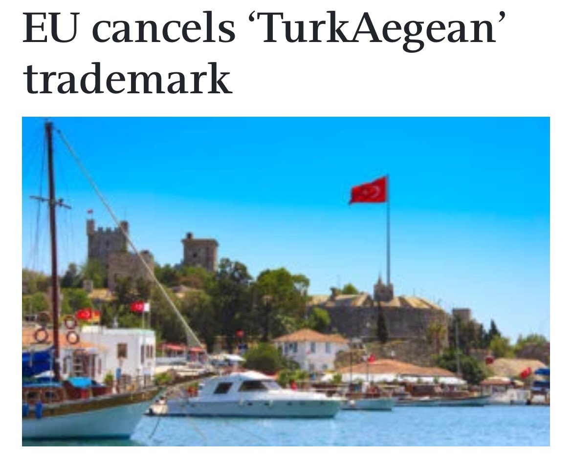 12 Ocak tarihli Yunan Kathimerini gazetesi çok mutlu. Avrupa Birliği Fikri Mülkiyet Ofisi (EUIPO), Türk Turizm Kuruluşu tarafından 16 Aralık 2021 tarihinde AB içinde kullanım için tescil edilen “TürkEge-TurkAegean” ticari markasını iptal etmiş. 
Bu kararı 2025’in başlarında