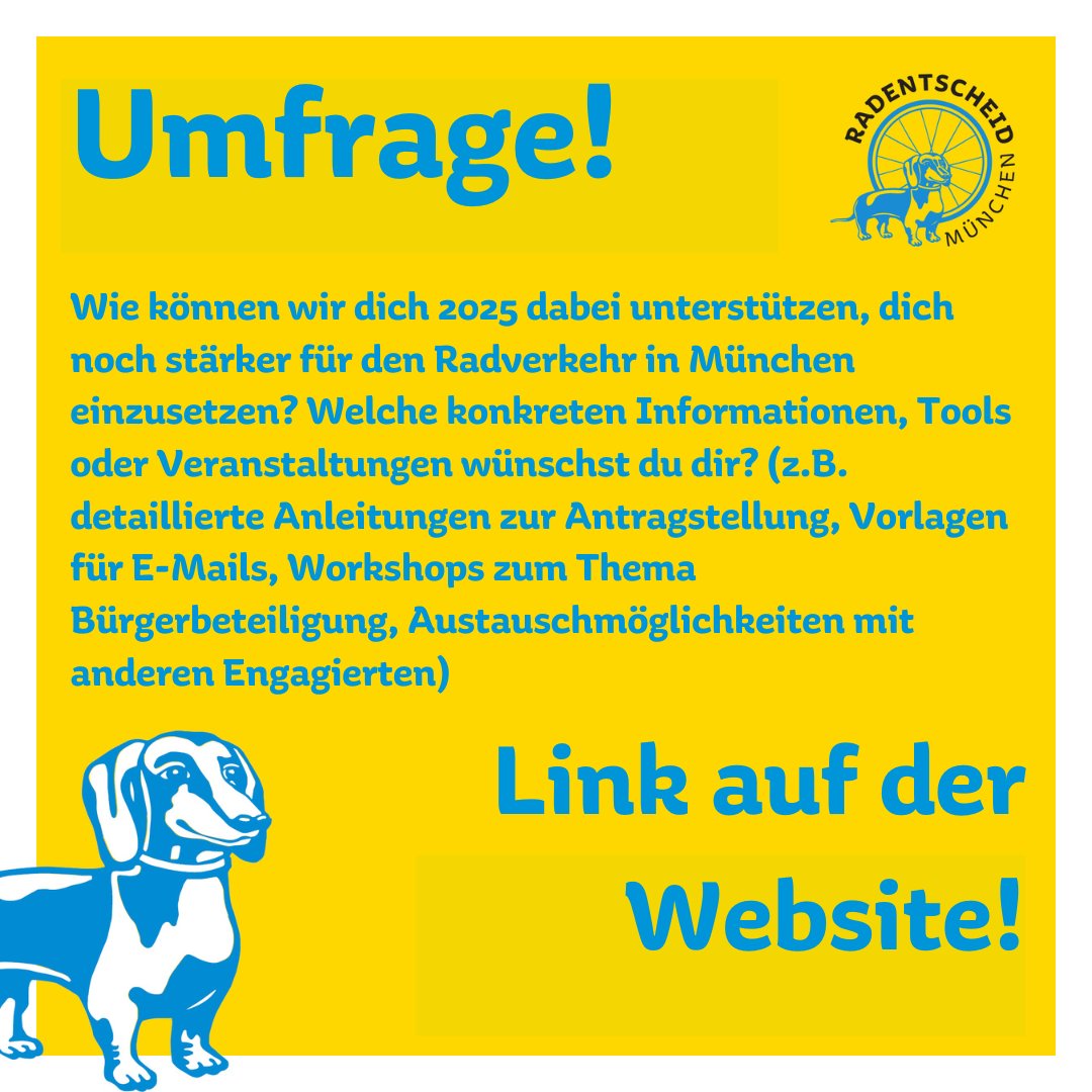 Wie können wir dich dabei unterstützen, dich 2025 noch stärker für den Radverkehr in München einzusetzen? Welche konkreten Informationen, Tools oder Veranstaltungen wünschst du dir? Umfrage bitte ausfüllen: forms.gle/U9wu5NKPog5Nmn…