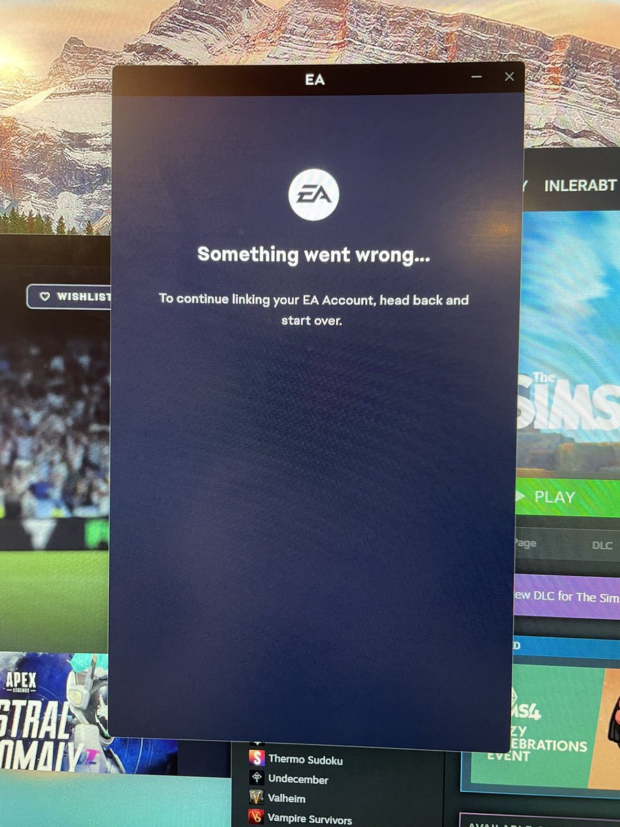 Trying to link Ryan’s Steam account to EA is a nightmare. 
We’ve tried resetting passwords, uninstalling and reinstalling. Everything we’ve found online doesn’t work. 

Is this what Windows machines are always like? I’m going to set it on fire. <a href="/EAHelp/">EA Help</a>