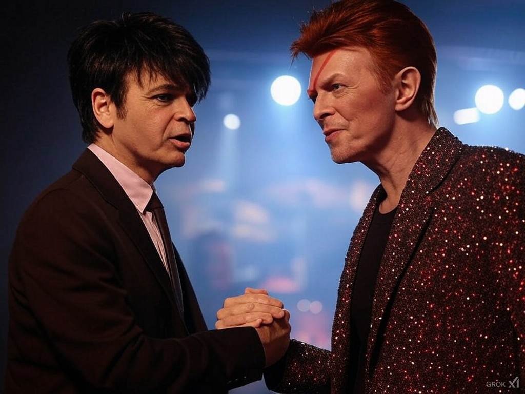 Had a play with Grok and got Gary Numan to shake hands with David Bowie. <a href="/numanofficial/">Gary Numan</a>