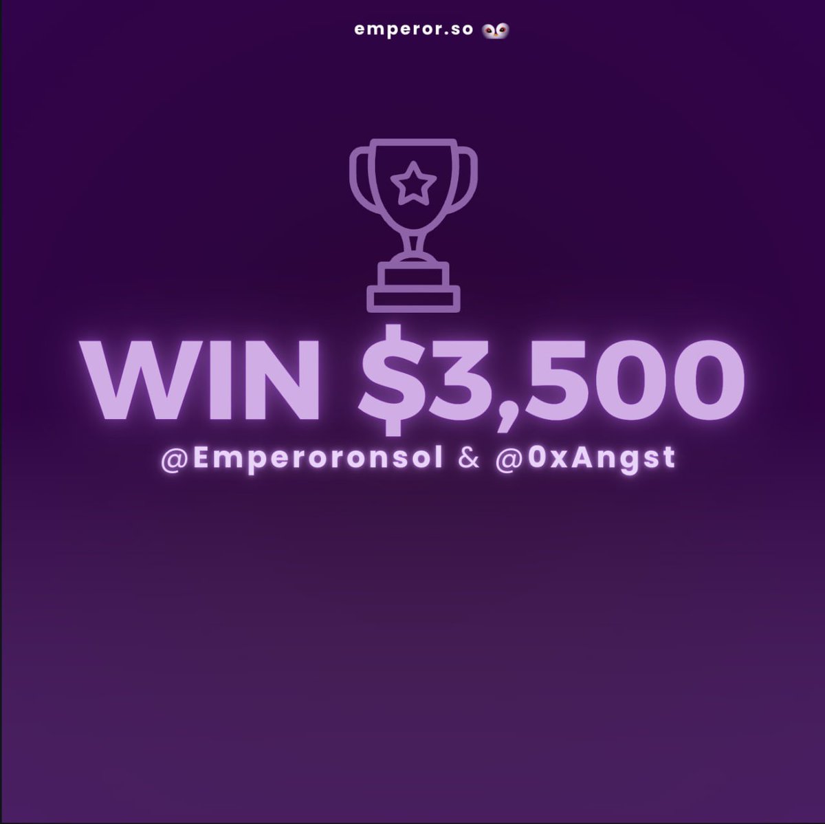 3500.00$ UP FOR GRABS 
  
@EmperorOnSol and I are hosting our second giveaway, tied to their utility coin launch in JUST 3 days! 

🥇 1st Place: 25k PEN ($1,500) + $500 SOL  
🥈 2nd Place: 10k PEN ($600) + $300 SOL  
🥉 3rd Place: 7k PEN ($420) + $200 SOL  

Same rules— Follow,