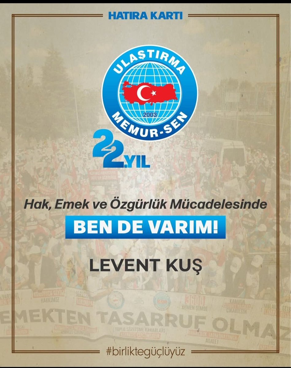 LevendKus's tweet photo. 22 Yıldır Hak İçin, Emek İçin, Özgürlük İçin Mücadele Ediyoruz! #birliktegüçlüyüz

Ulaştırma Memur-Sen'in 22. Yıl Hatıra Kartı https://t.co/V9cneK7WFT