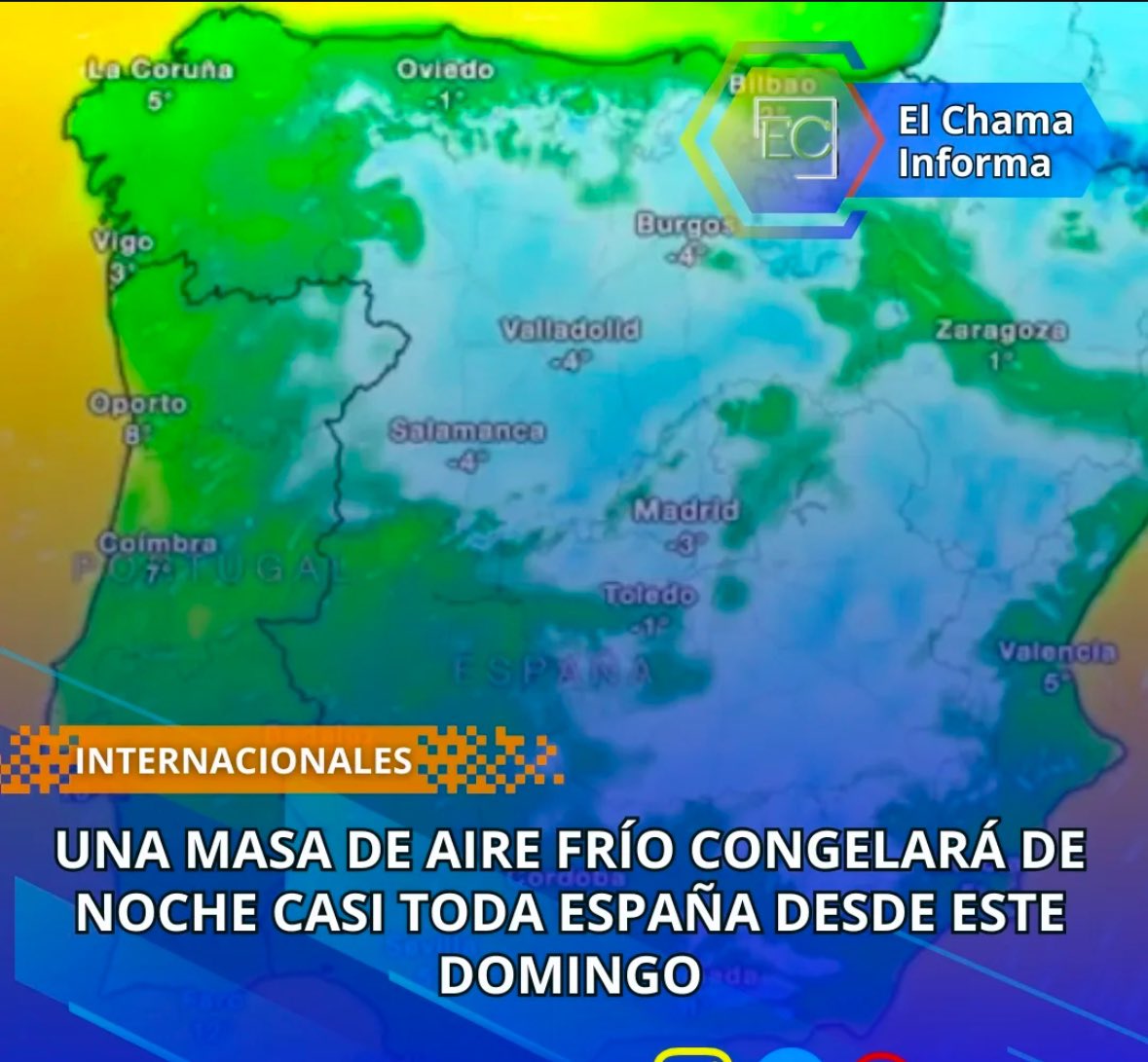 #12Ene #EspañaTiempo 
Una ola de aire frío congelará España esta noche