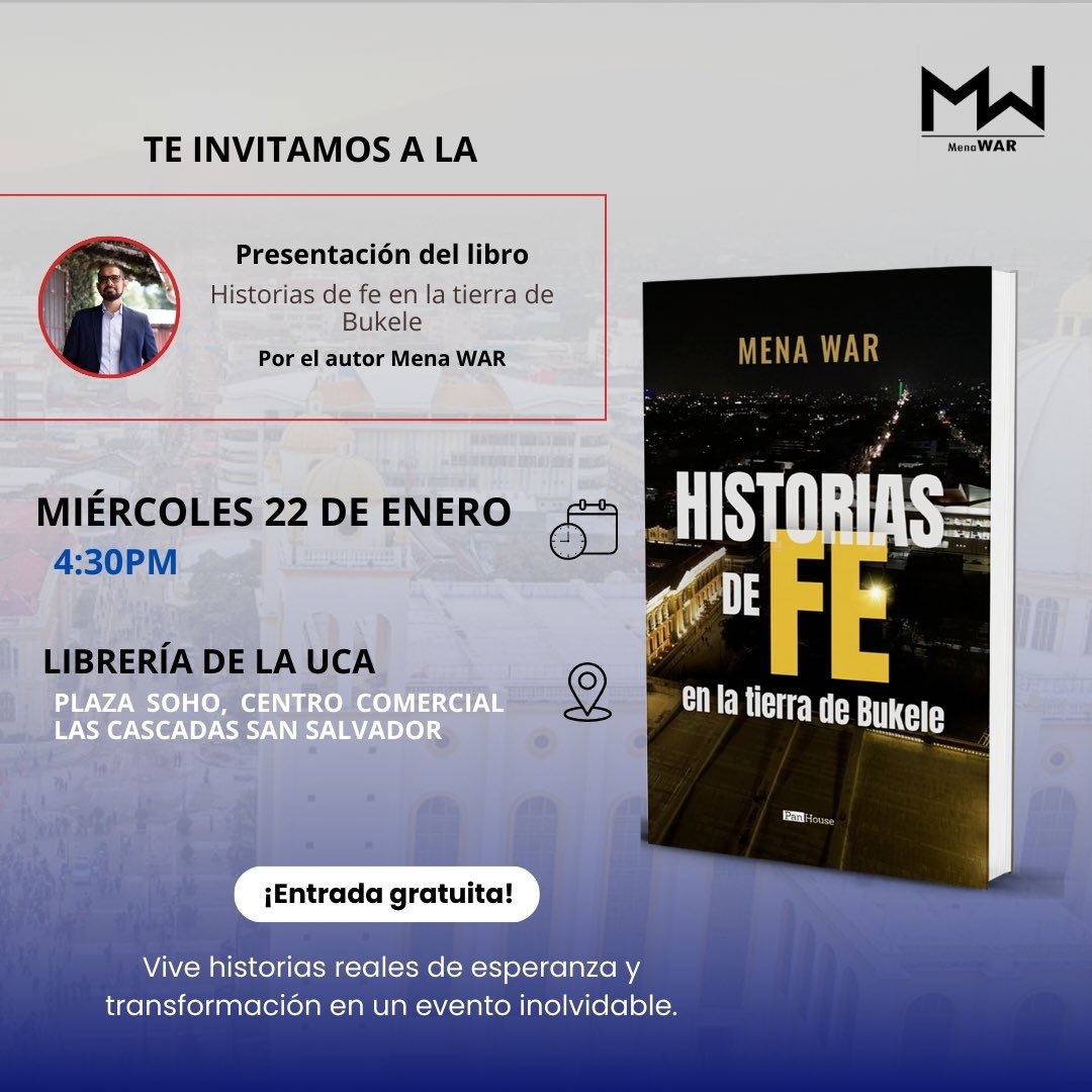 menawarsv's tweet photo. ¡Acompáñanos a la presentación de Historias de fe en la tierra de Bukele! 🌟 Un evento lleno de esperanza y transformación.

📅 Miércoles 22 de enero
🕓 4:30 PM
📍 Librería de la UCA, Plaza Soho, Centro Comercial Las Cascadas, San Salvador

📖 Entrada gratuita. ¡No te lo pierdas! https://t.co/KHF25GKCz8