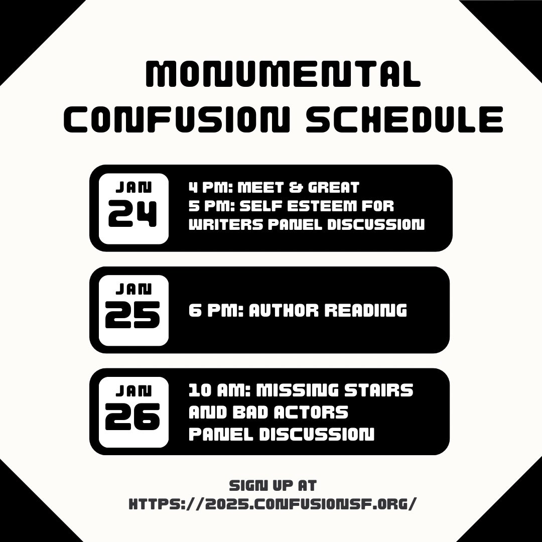 My gig schedule at the 50th anniversary of <a href="/ConFusionMI/">ConFusion Michigan</a> in a couple weeks. Looking forward to doing a panel with my homie <a href="/edebellauthor/">E.D.E. Bell</a> 💗 hope to see some of you there ✌🏾