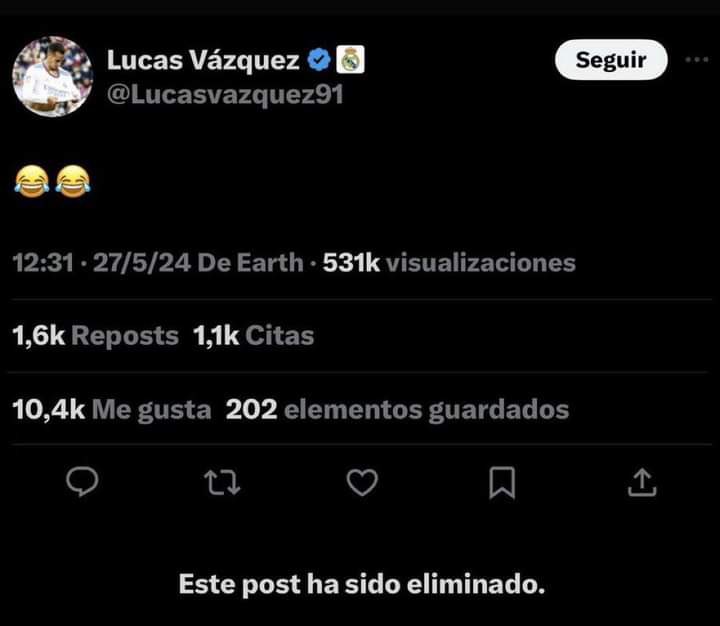 Cuando Luis de la Fuente comunicó que se llevaba a Jesús Navas a la Eurocopa  esta fue la reacción de Lucas Vázquez.

8 meses después Jesús Navas se ha retirado con la Eurocopa, querido por toda España y a Lucas no lo quieren ni en el Madrid.

Buenas noches <a href="/Lucasvazquez91/">Lucas Vázquez</a> 👋🏽
