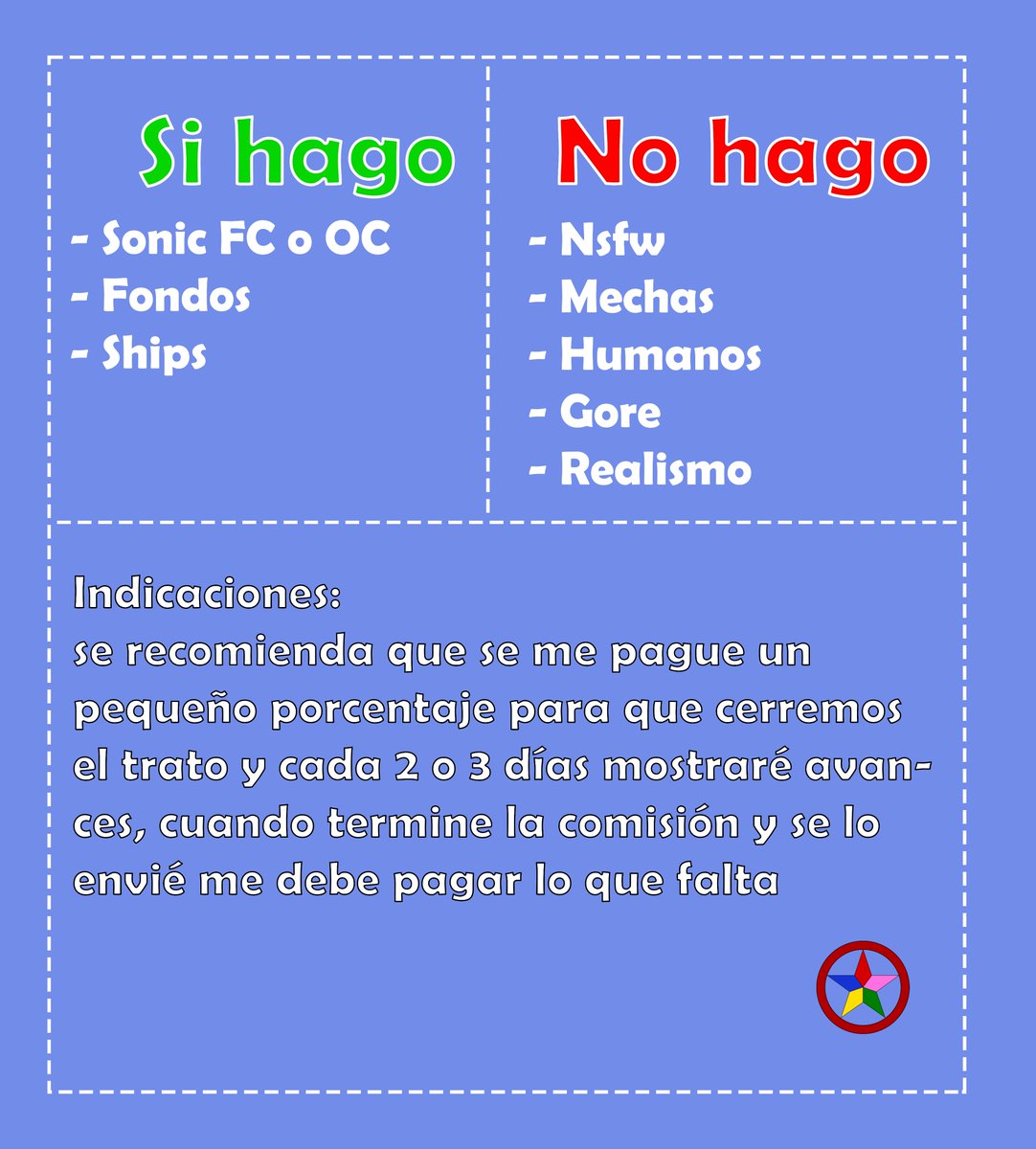 🌟COMISIONES ABIERTAS🌟
decidí actualizar mi tabla de comisiones, ahora trayendo nuevas cosas ✨ 

serán 3 slots por el momento, así que si alguno quiere, mi md siempre está abierto 

gracias por el apoyo ✨🌟