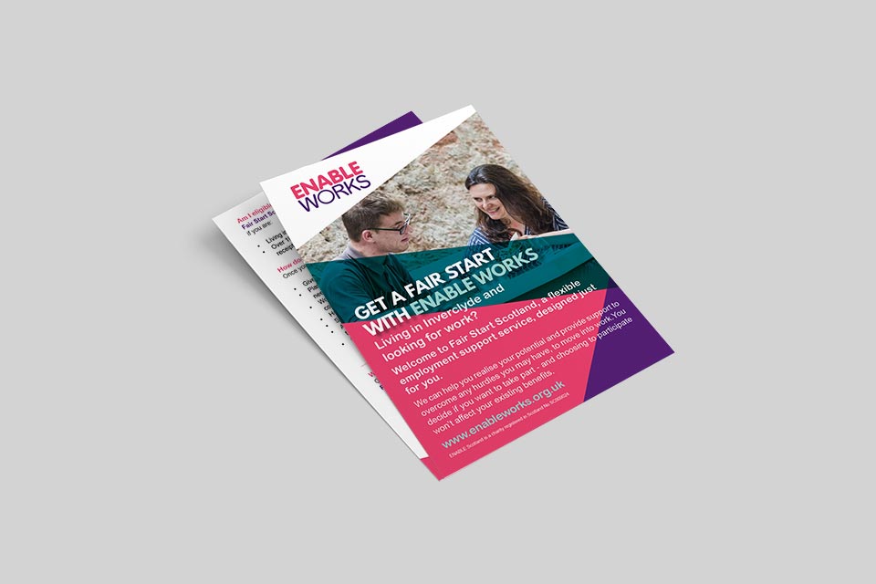 Ak39380645Umair's tweet photo. A4 or A5 single-sided leaflet or flyer design for marketing Fair Start Scotland in Inverclyde. Project organised by Enable Works.

#graphicdesign #print #marketing #webdesign #leaflets #flyers #posters #fairstartscotland #enableworks #employment #jobs #training https://t.co/H43dBqmsbH