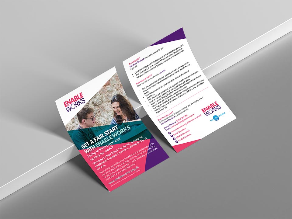 Ak39380645Umair's tweet photo. A4 or A5 single-sided leaflet or flyer design for marketing Fair Start Scotland in Inverclyde. Project organised by Enable Works.

#graphicdesign #print #marketing #webdesign #leaflets #flyers #posters #fairstartscotland #enableworks #employment #jobs #training https://t.co/H43dBqmsbH