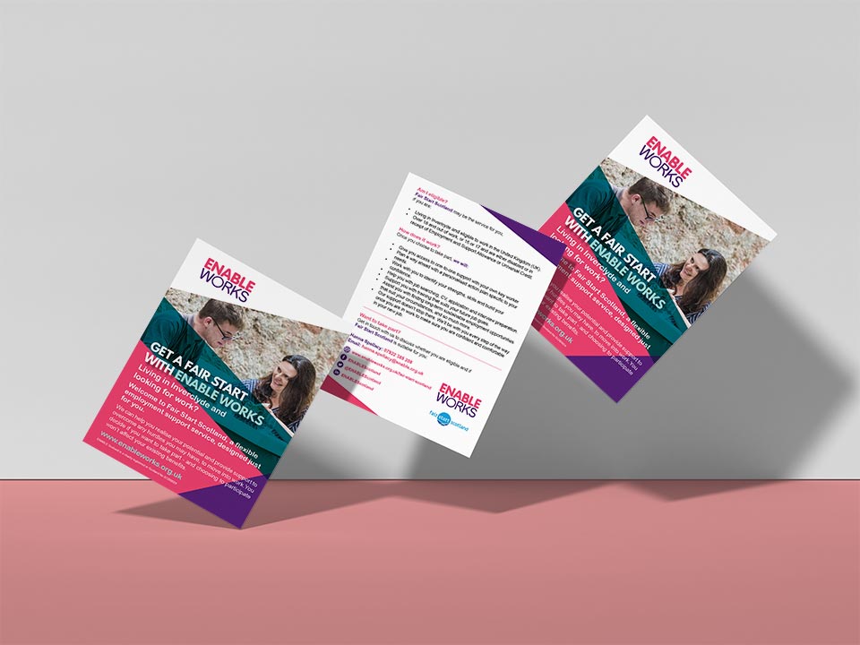 Ak39380645Umair's tweet photo. A4 or A5 single-sided stationery leaflet or flyer design for marketing and branding Fair Start Scotland in Inverclyde. Project organised by Enable Works.

#graphicdesign #print #marketing #stationery #branding #leaflets #flyers #posters #fairstartscotland #enableworks https://t.co/TriXOmLdbM