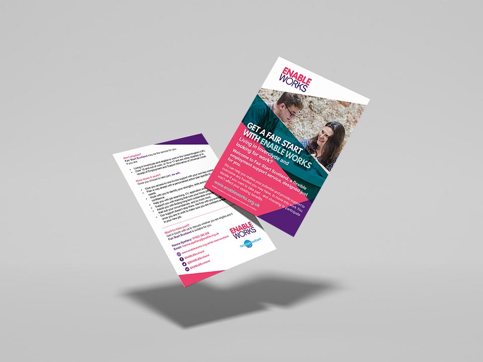 Ak39380645Umair's tweet photo. A4 or A5 single-sided stationery leaflet or flyer design for marketing and branding Fair Start Scotland in Inverclyde. Project organised by Enable Works.

#graphicdesign #print #marketing #stationery #branding #leaflets #flyers #posters #fairstartscotland #enableworks https://t.co/TriXOmLdbM