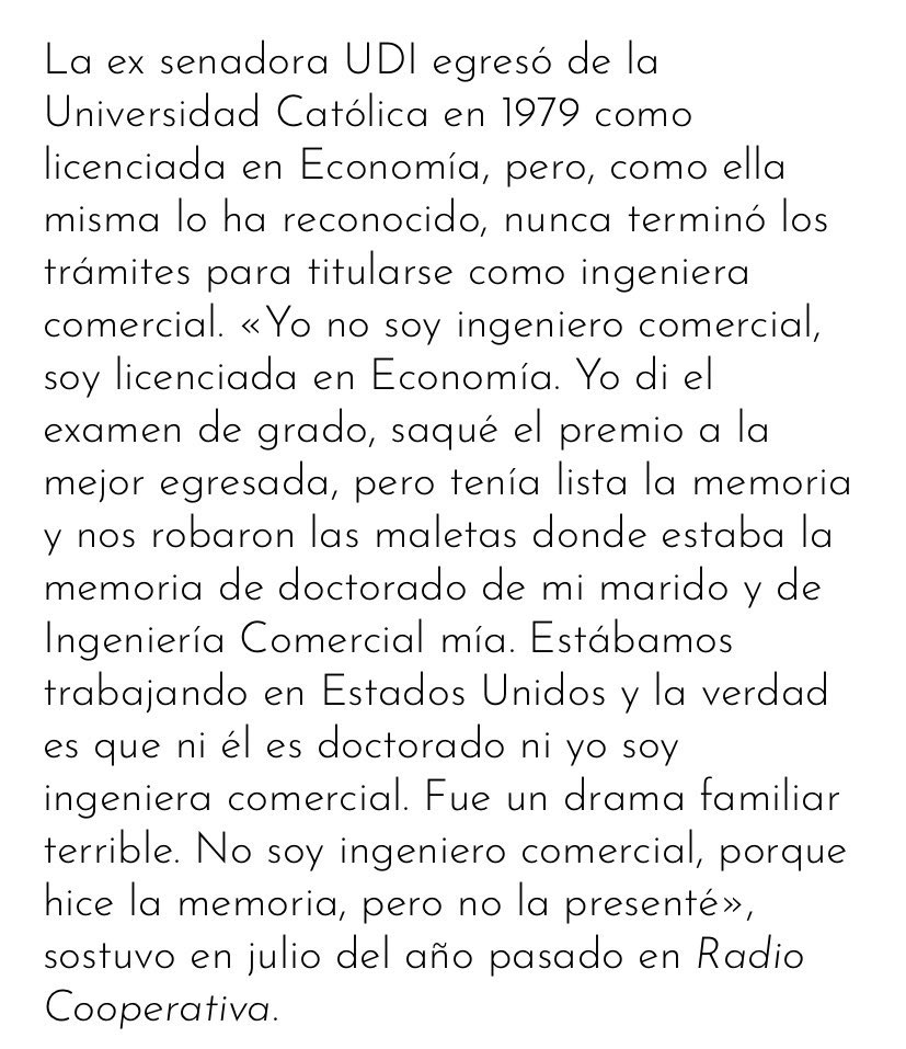 hernan_sr's tweet photo. 🚨Evelyn Matthei no es ingeniera comercial

Porque nunca se tituló, ya que, según ella le robaron la maleta donde estaba la memoria de ingeniera comercial. 

Lo peor de todo es que ella cuando fue ministra de Piñera, igual recibió la asignación profesional sin tener ningún título. 

Entre enero de 2011 y julio de 2013, Matthei recibió, además de su remuneración de ministra, $500 mil mensuales por asignación profesional.

O sea, recibió  una suma de $15.500.000 sin tener ningún título profesional.

Una cara de raja.