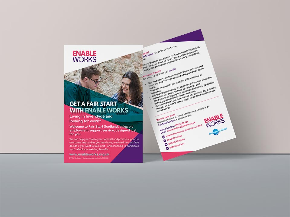 Ak39380645Umair's tweet photo. A4 or A5 single-sided stationery leaflet or flyer design for marketing and branding Fair Start Scotland in Inverclyde. Project organised by Enable Works.

#graphicdesign #print #marketing #stationery #branding #leaflets #flyers #posters #fairstartscotland #enableworks https://t.co/Yjf7d3VST3