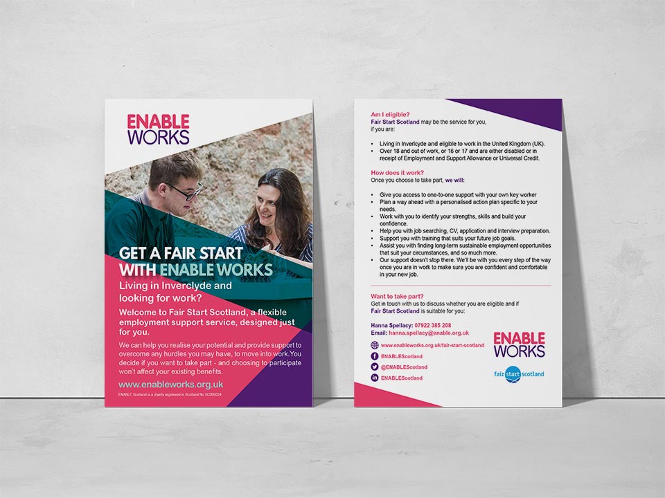Ak39380645Umair's tweet photo. A4 or A5 single-sided stationery leaflet or flyer design for marketing and branding Fair Start Scotland in Inverclyde. Project organised by Enable Works.

#graphicdesign #print #marketing #stationery #branding #leaflets #flyers #posters #fairstartscotland #enableworks https://t.co/Yjf7d3VST3