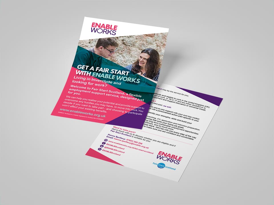 Ak39380645Umair's tweet photo. A4 or A5 single-sided leaflet or flyer design for marketing Fair Start Scotland in Inverclyde. Project organised by Enable Works.

#graphicdesign #print #marketing #webdesign #leaflets #flyers #posters #fairstartscotland #enableworks #employment #jobs #training https://t.co/Yk5T5PVoSq