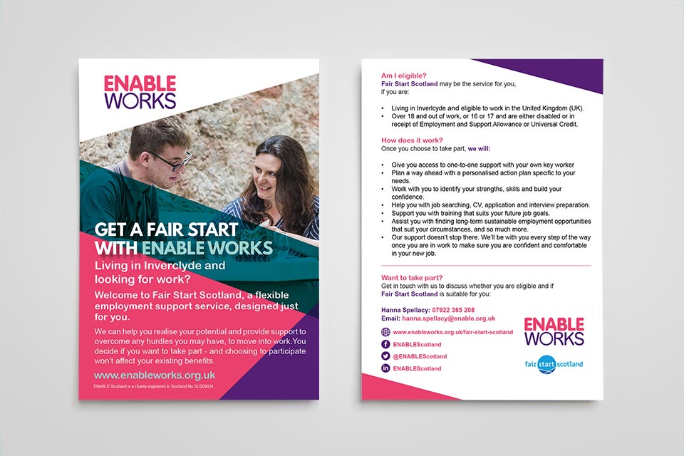 Ak39380645Umair's tweet photo. A4 or A5 single-sided leaflet or flyer design for marketing Fair Start Scotland in Inverclyde. Project organised by Enable Works.

#graphicdesign #print #marketing #webdesign #leaflets #flyers #posters #fairstartscotland #enableworks #employment #jobs #training https://t.co/Yk5T5PVoSq