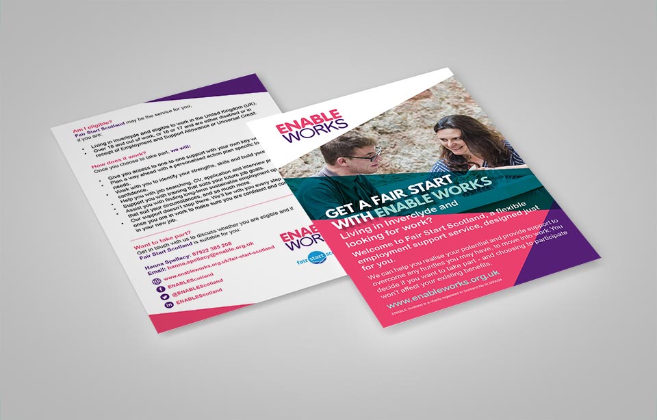 Ak39380645Umair's tweet photo. A4 or A5 single-sided leaflet or flyer design for marketing Fair Start Scotland in Inverclyde. Project organised by Enable Works.

#graphicdesign #print #marketing #webdesign #leaflets #flyers #posters #fairstartscotland #enableworks #employment #jobs #training https://t.co/Yk5T5PVoSq